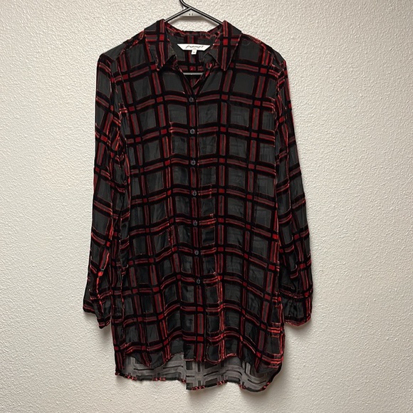 Foxcroft Tops - Foxcroft Button Down Sheer Velvet Top Red & Black